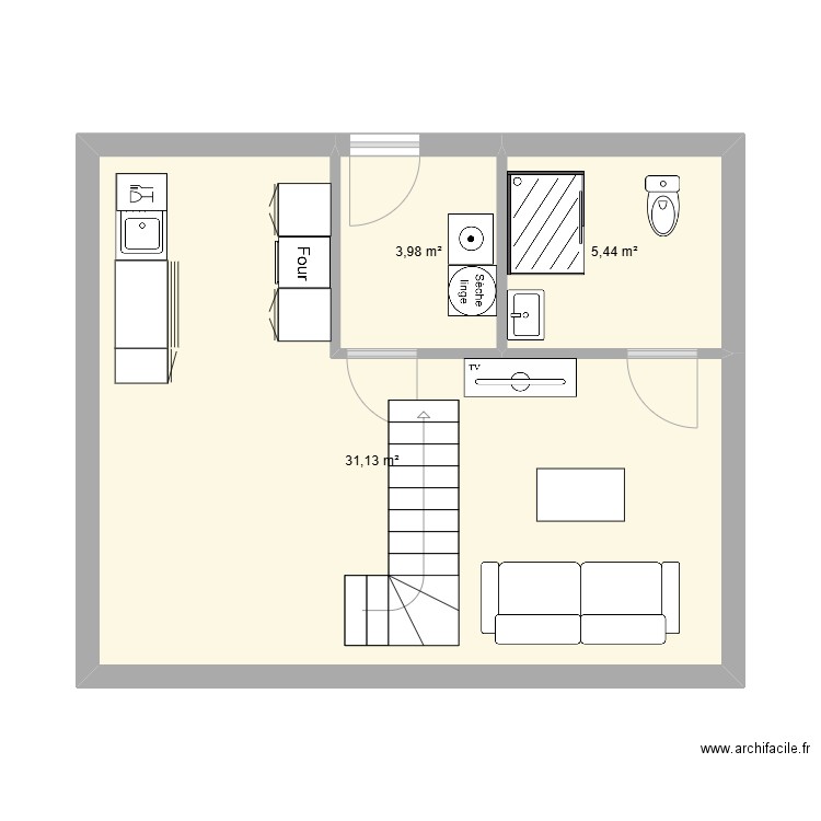 Duplex mansardé. Plan de 3 pièces et 41 m2