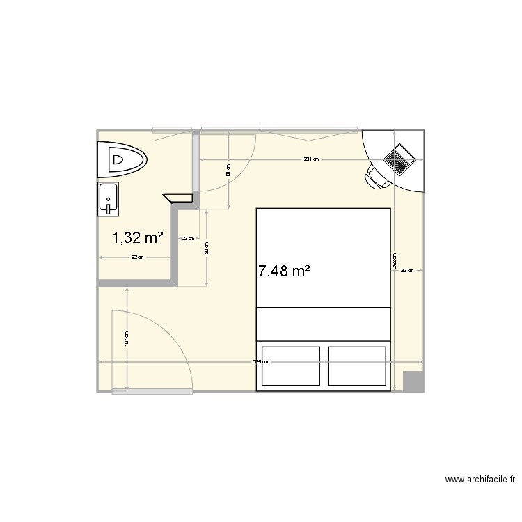 pla. Plan de 2 pièces et 9 m2