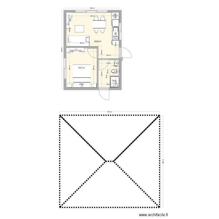 bungalow 1 chambre Pihaa. Plan de 2 pièces et 29 m2