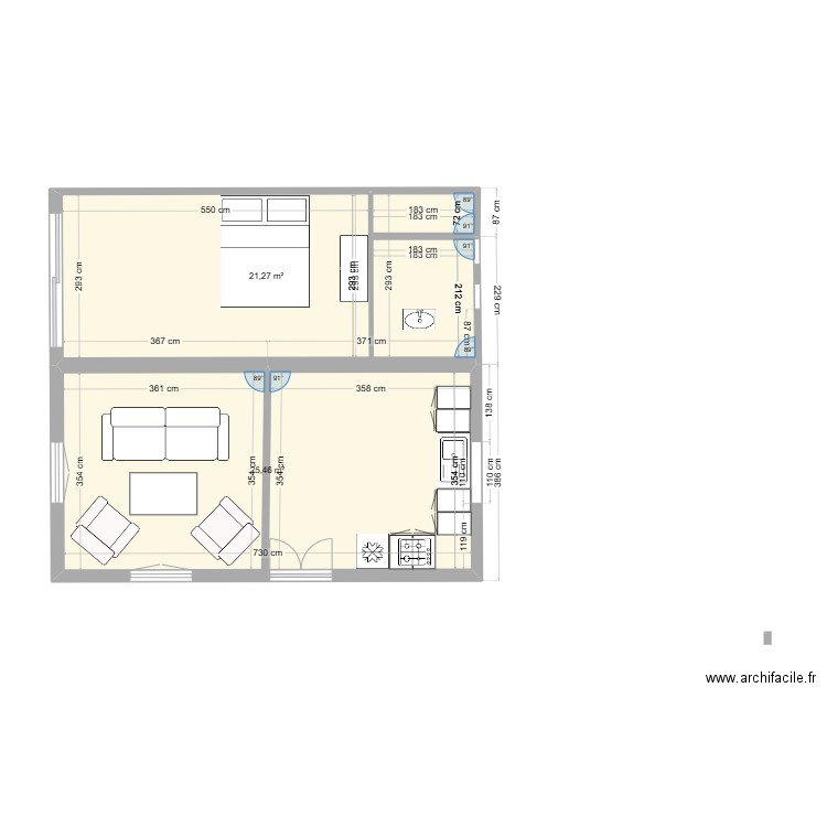 Intérieur Oasis. Plan de 2 pièces et 47 m2