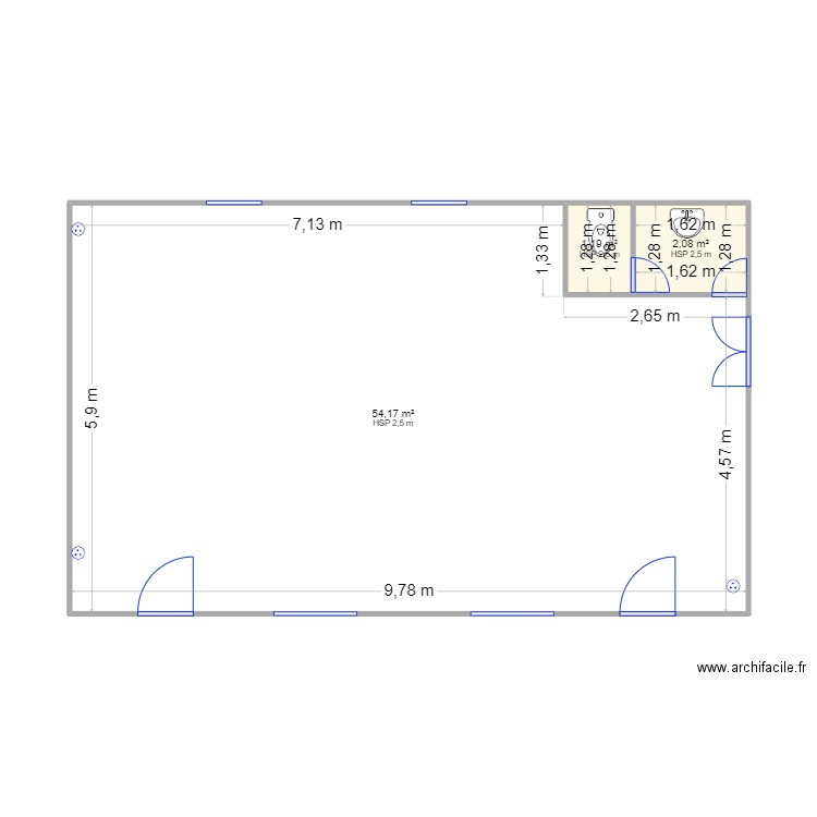 Salle Bouquehault échelle. Plan de 3 pièces et 57 m2