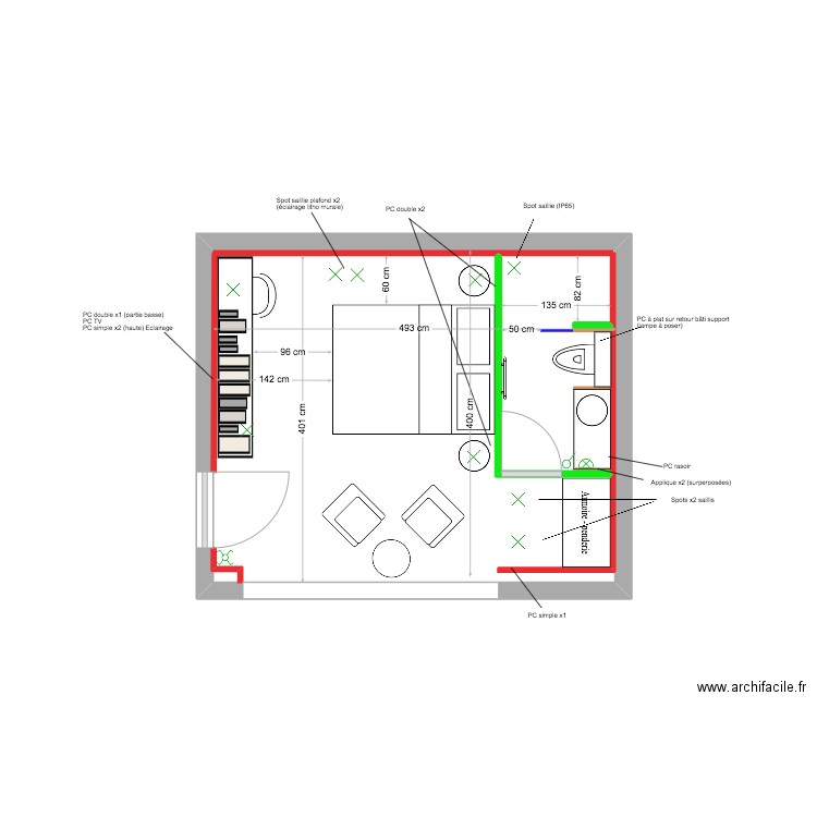 Roc Mer Studio - Implantation électrique - V11.01. Plan de 1 pièce et 20 m2