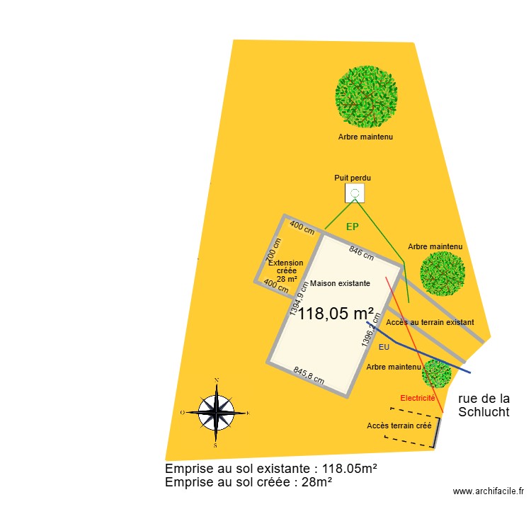 Extension. Plan de 1 pièce et 118 m2