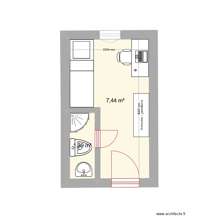 plan chambre standard. Plan de 2 pièces et 9 m2