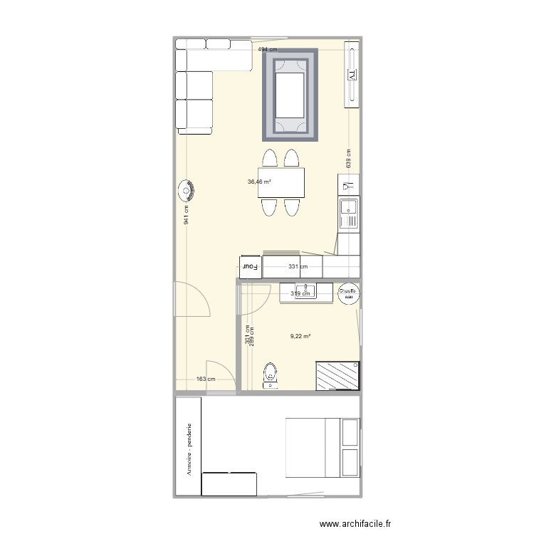 projet X plan 1 . Plan de 2 pièces et 46 m2