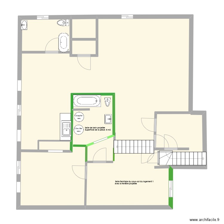 Salle de bain sous-sol travaux projetés avec fenêtre salle familiale. Plan de 0 pièce et 0 m2