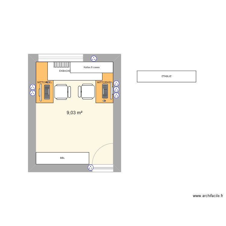 Bureau 2. Plan de 1 pièce et 9 m2