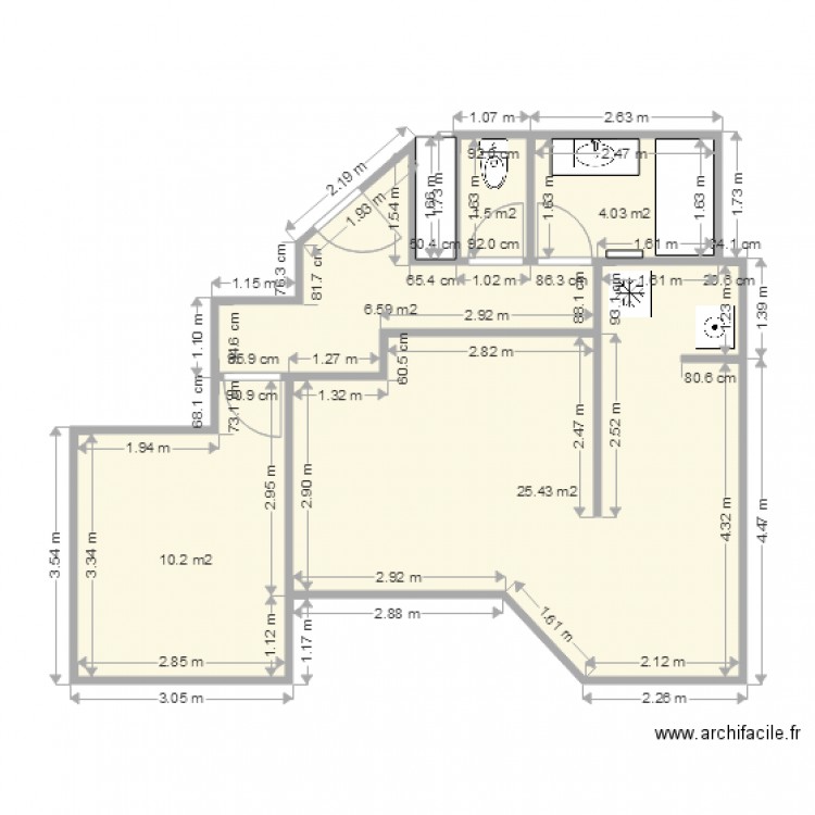 Françoise T2 Cuis + Salon + Cham+ Coul+wWC+S deB équipé. Plan de 5 pièces et 48 m2