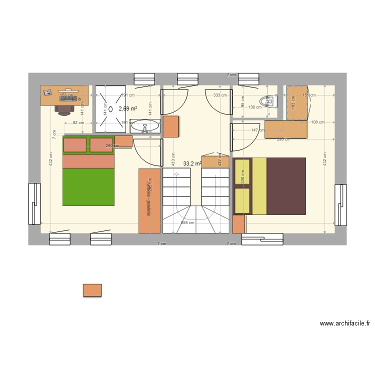 Vaux étage2. Plan de 2 pièces et 36 m2