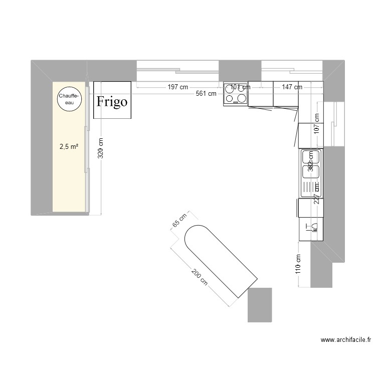 Cuisine. Plan de 1 pièce et 3 m2