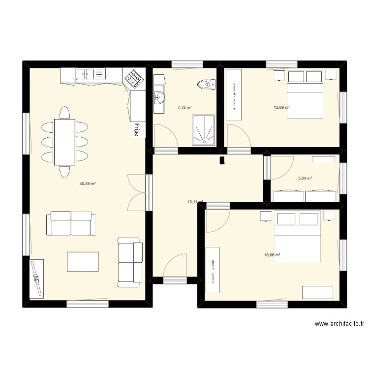 Plan de maison  2 chambres meublé. Plan de 6 pièces et 99 m2