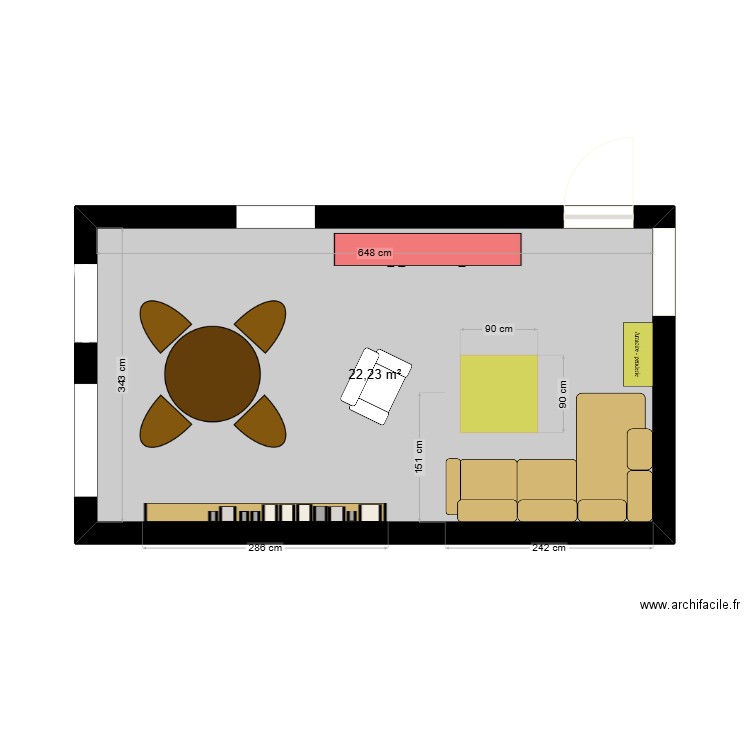 Meubles actuels. Plan de 1 pièce et 22 m2