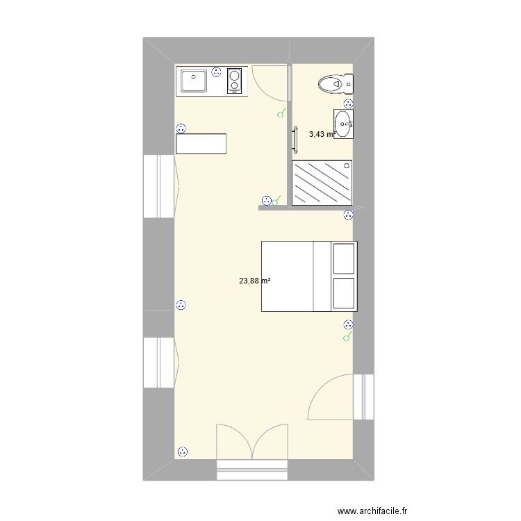 studio cuisine . Plan de 2 pièces et 27 m2