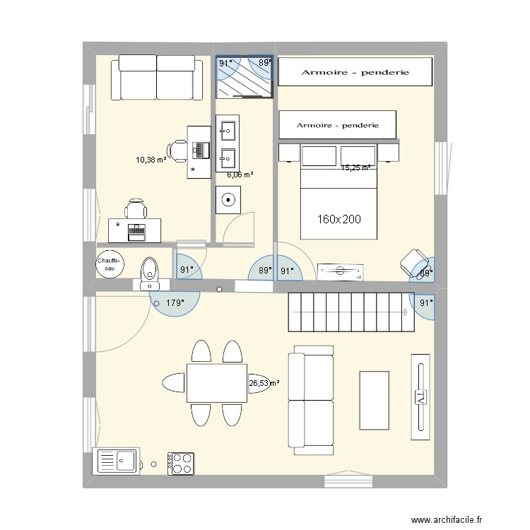 evacuation. Plan de 4 pièces et 58 m2