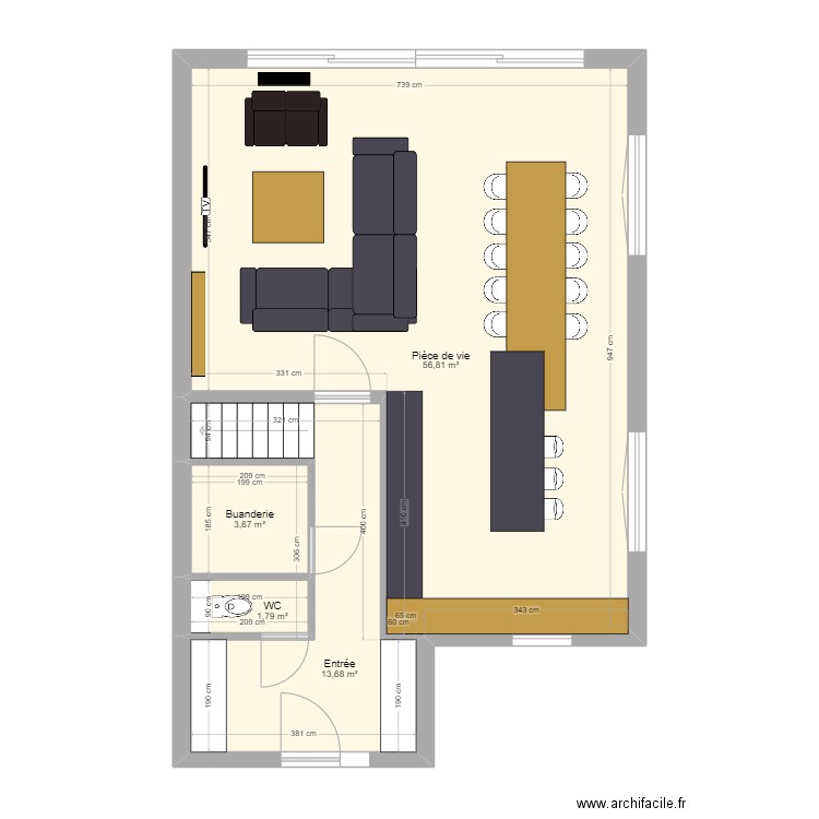 Pièce de vie coloc MSG. Plan de 4 pièces et 76 m2