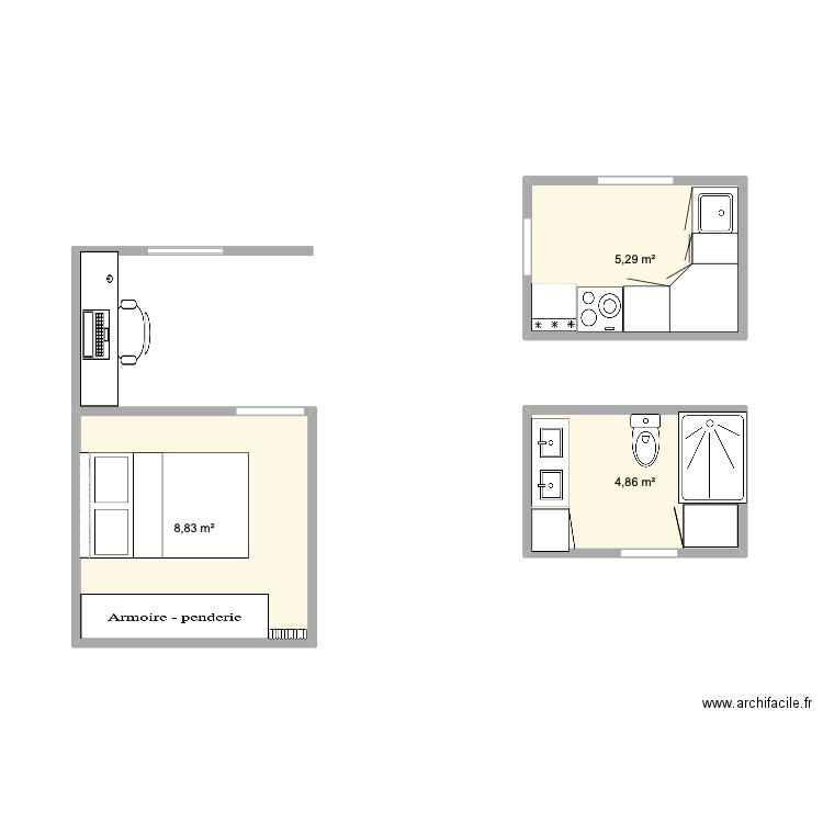 cuisine Gabrielle. Plan de 3 pièces et 19 m2