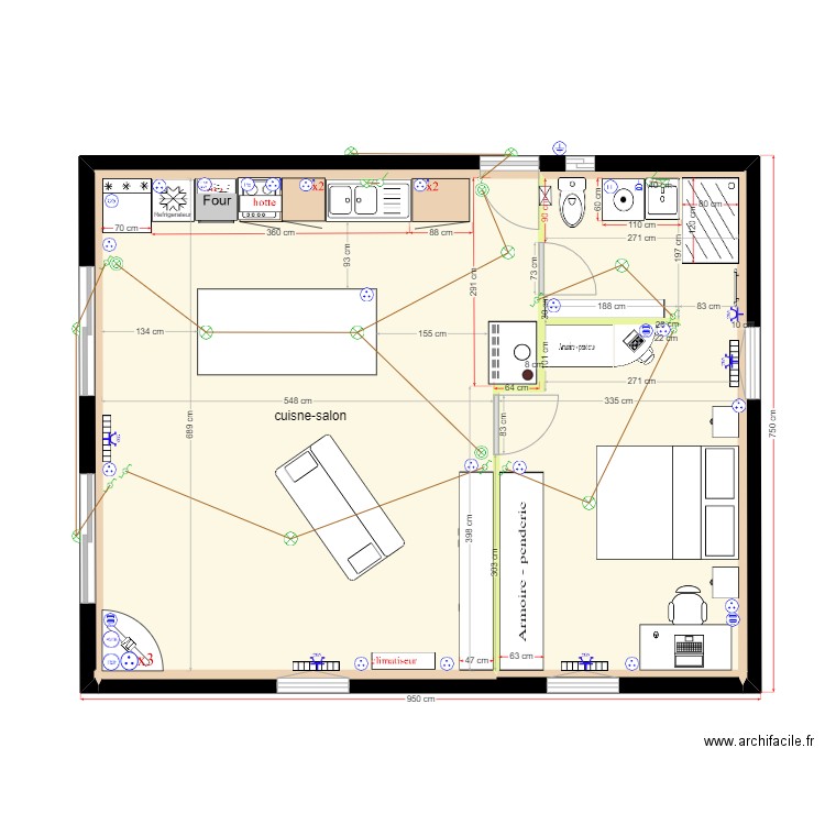 étage murs et pièces meublées et électricité 2023-11-04. Plan de 1 pièce et 62 m2