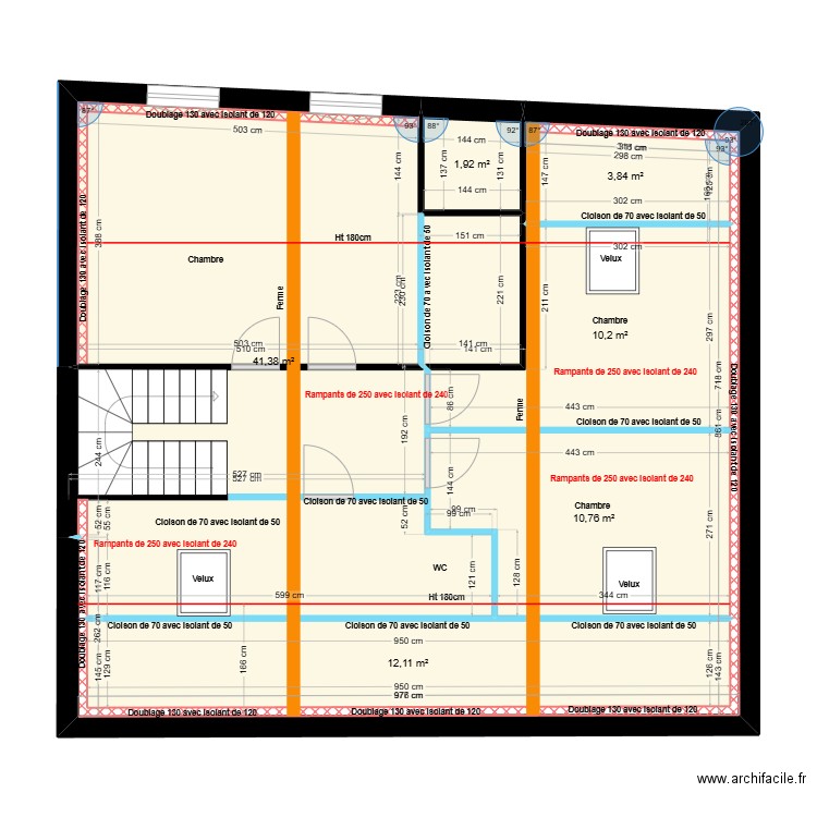 BOIS Combles Placo 2. Plan de 6 pièces et 80 m2