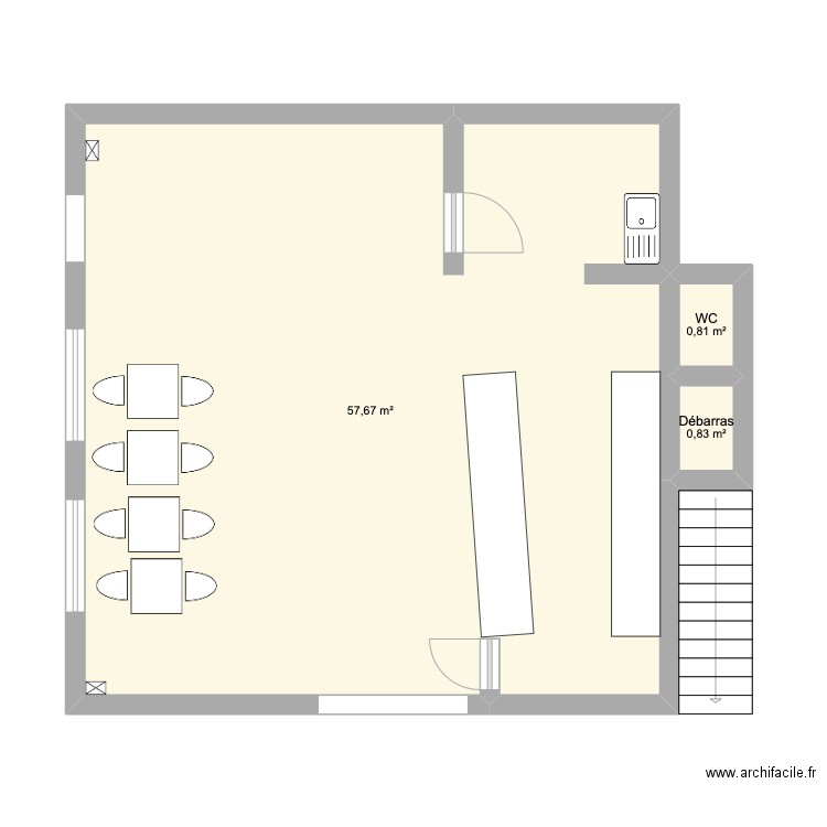 Concept Bar. Plan de 3 pièces et 59 m2