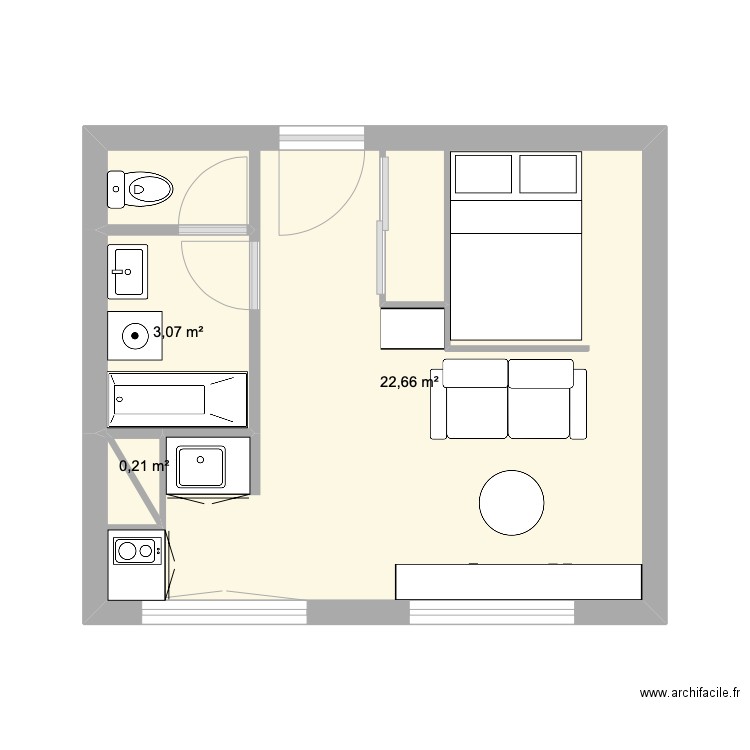 STUDIO. Plan de 3 pièces et 26 m2