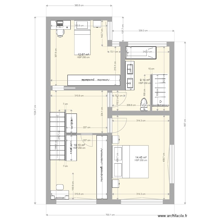 Etage sans annexe avec surfaces et cotation salle de bain V3. Plan de 4 pièces et 54 m2