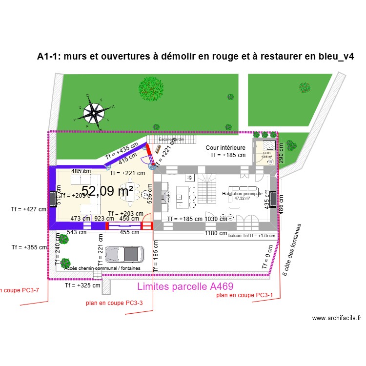 A1-2_toitures à démolir en rouge_v4. Plan de 4 pièces et 115 m2