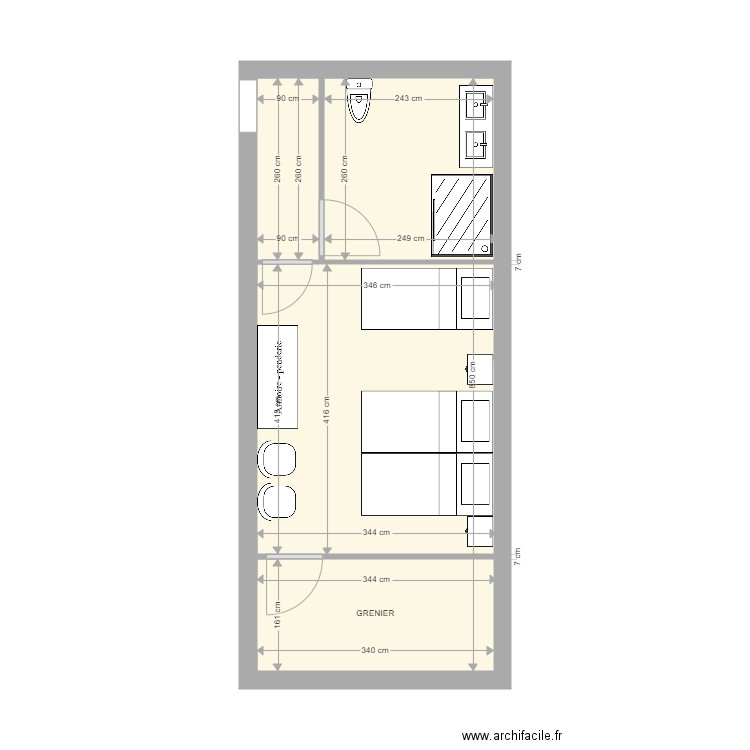 chambre étage V3. Plan de 2 pièces et 28 m2