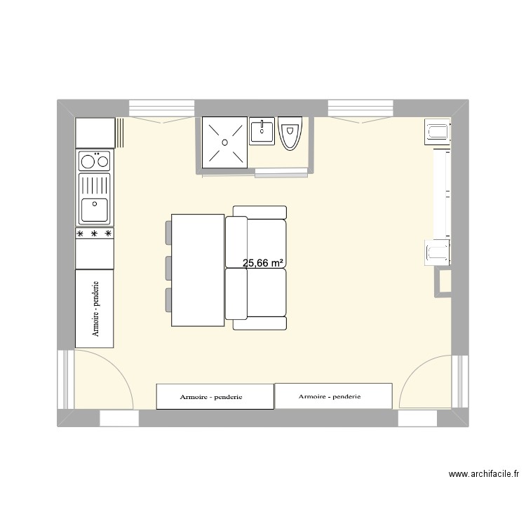 studio 27m2. Plan de 1 pièce et 26 m2