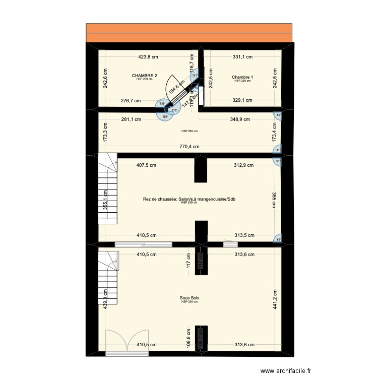 plan de coupe c. Plan de 5 pièces et 91 m2