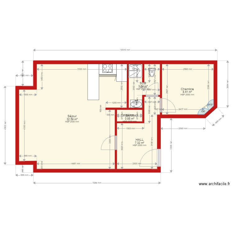 FLAT CENTRAL SITUATION PROJ. 2 SDB Modifiée. Plan de 5 pièces et 53 m2