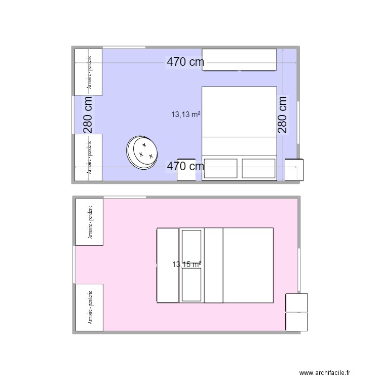 Chambre. Plan de 2 pièces et 26 m2