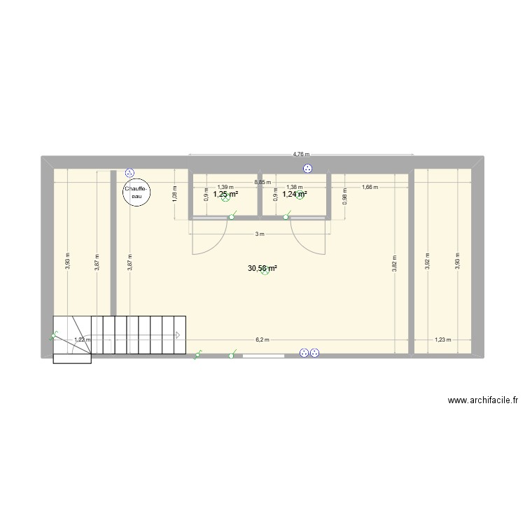 étage chambre. Plan de 3 pièces et 33 m2