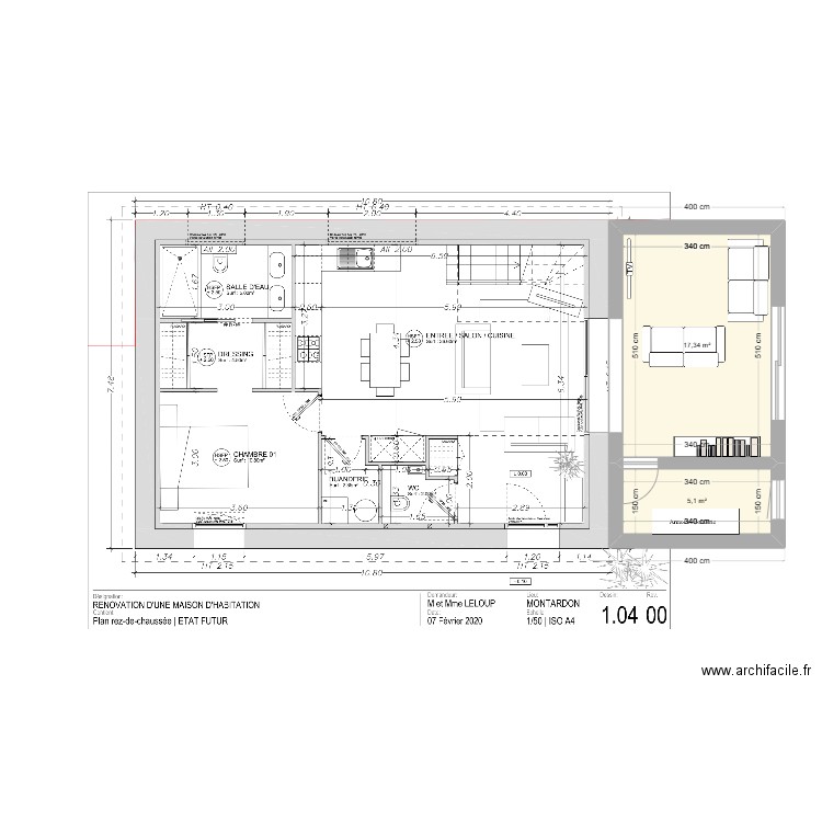 Extension. Plan de 2 pièces et 22 m2