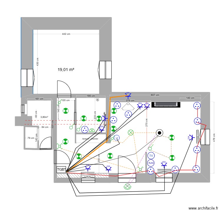 ELEC Appart Princesse. Plan de 1 pièce et 19 m2