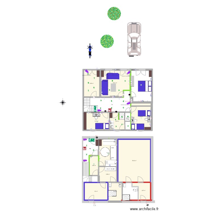 1er etage. Plan de 14 pièces et 117 m2