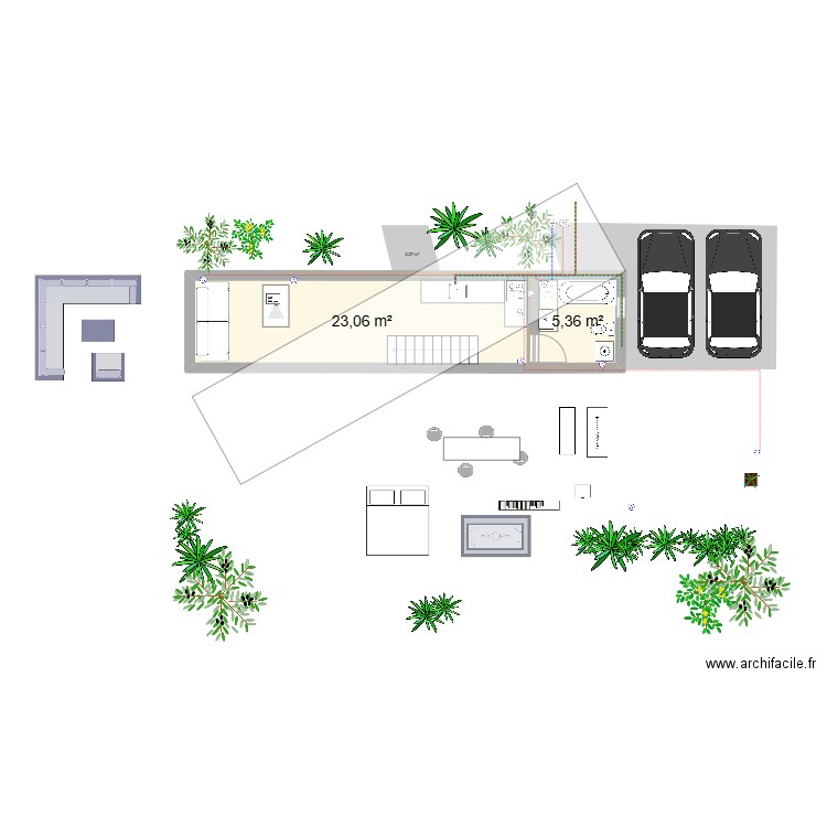 sur terrain 150 m2 - 2 cont. 40ft etage. Plan de 2 pièces et 28 m2