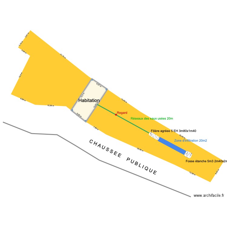 Fosse septique avec fosse étanche. Plan de 1 pièce et 76 m2