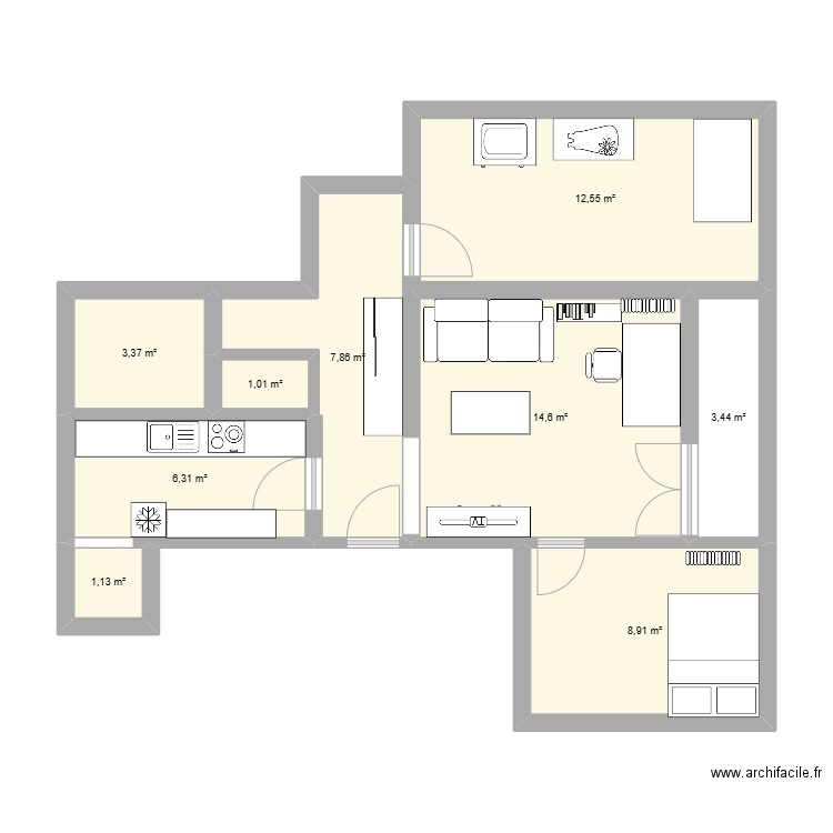 EmileZola. Plan de 9 pièces et 59 m2