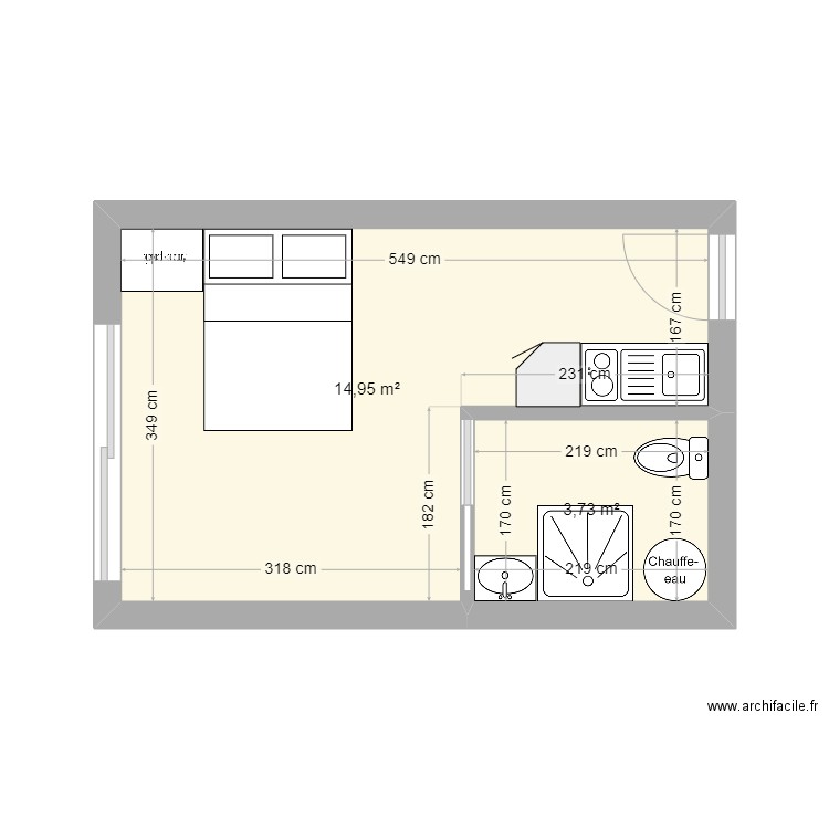 Studio enfant 2. Plan de 2 pièces et 19 m2