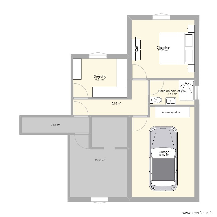 Extension. Plan de 7 pièces et 63 m2