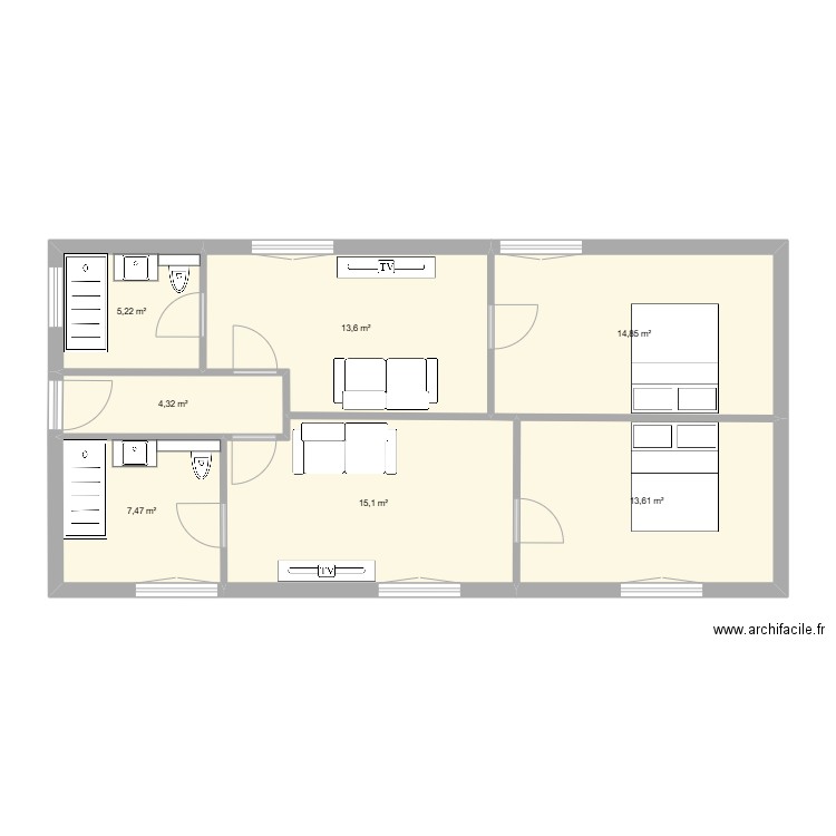 Casset. Plan de 7 pièces et 74 m2