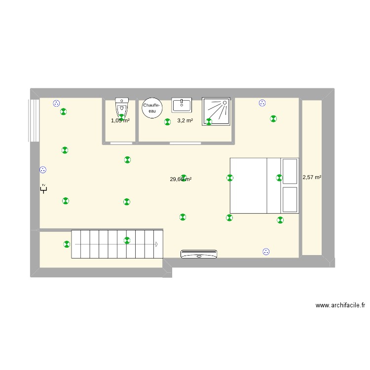 comble. Plan de 4 pièces et 45 m2