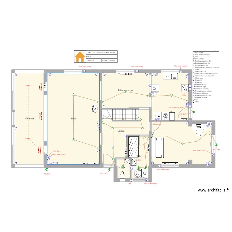 P1-RdC-v1-elctricité. Plan de 8 pièces et 95 m2