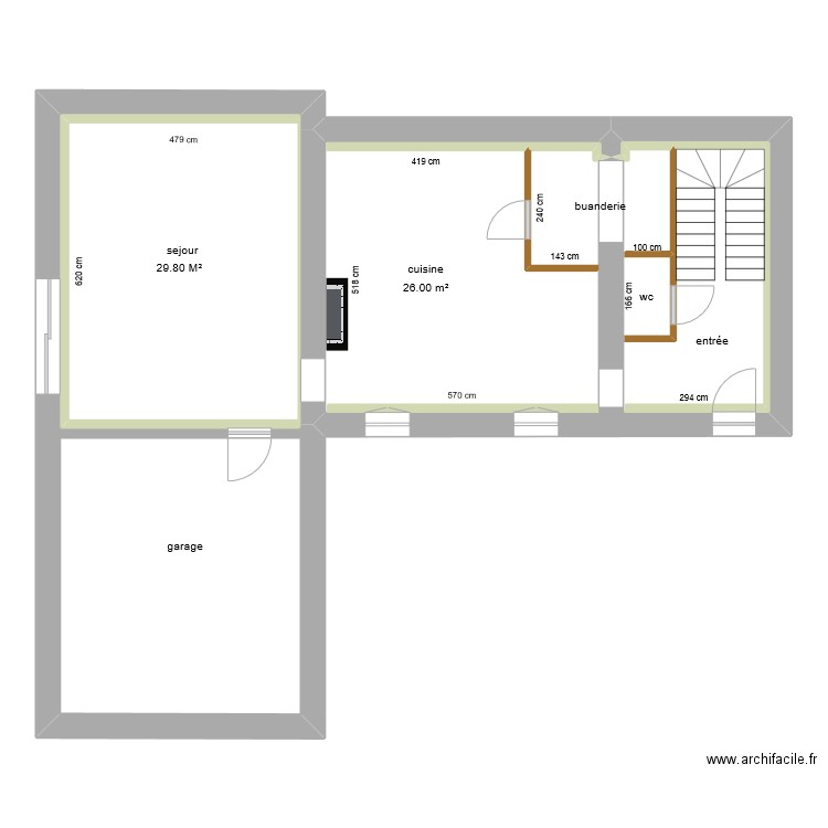 rez de chaussée 1. Plan de 3 pièces et 138 m2