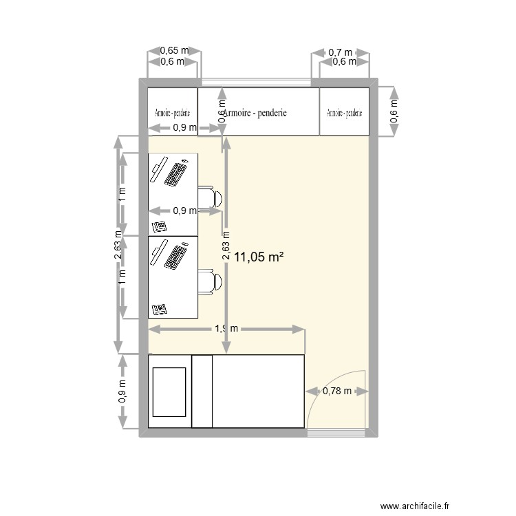 chambre fille . Plan de 1 pièce et 11 m2