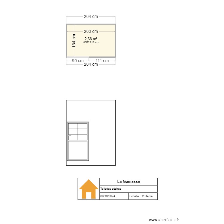 Toilettes sèches. Plan de 1 pièce et 3 m2