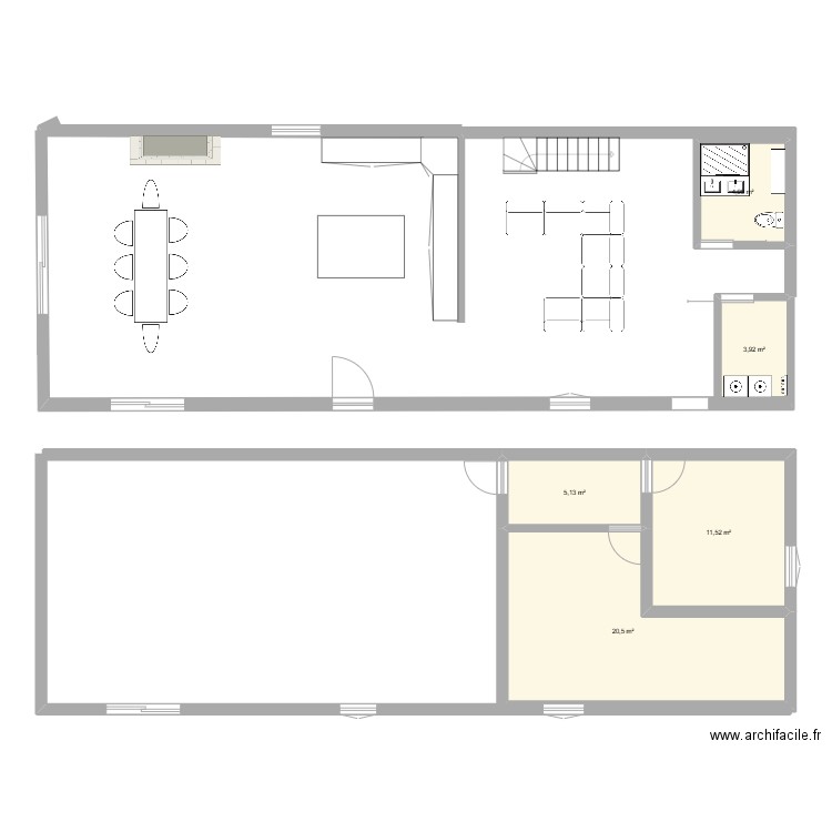 rdc amenage. Plan de 5 pièces et 46 m2