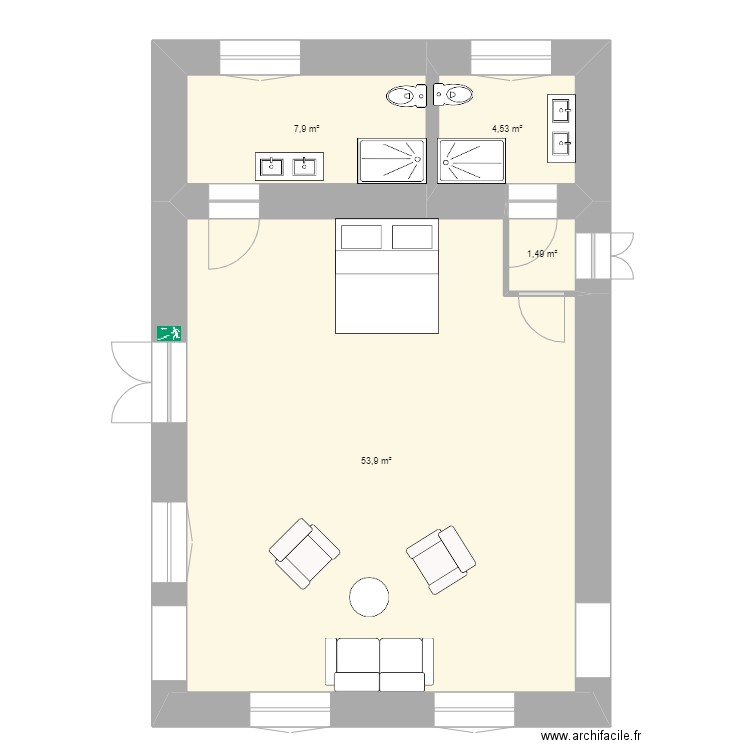 salles de bain premier etage. Plan de 4 pièces et 68 m2