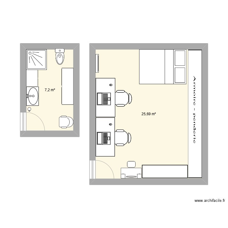 ma maisoins. Plan de 2 pièces et 33 m2