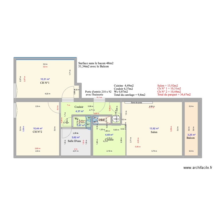 Plan carine. Plan de 9 pièces et 52 m2